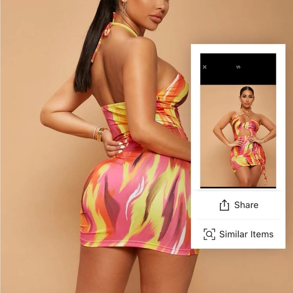 SHEIN SXY Brush Print Backless Cut Out Drawstring Side Halter Dress - Picture 2 of 6